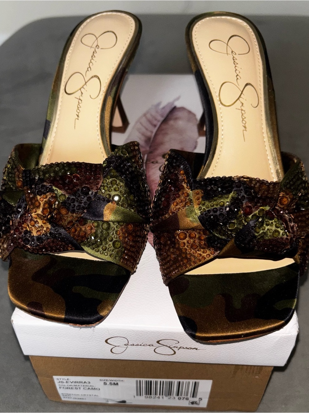 Jessica Simpson Camo Bow Slide Heels in Olive Green and Brown